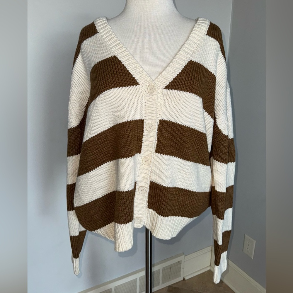 Striped V-Neck Button-Up Sweater
